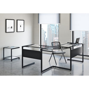 EuroStyle Caesar Glass Top Office Desk with Steel Frame Wire Management and Adjustable Feet Black 27540-BLK