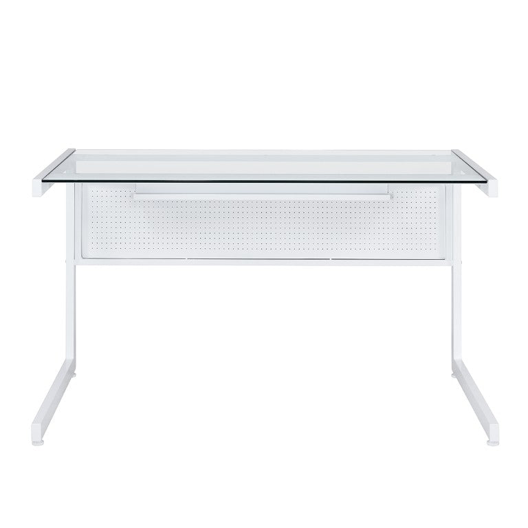 EuroStyle Caesar Glass Top Office Desk with Steel Frame Wire Management and Adjustable Feet White 27540-WHT