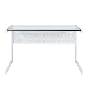 EuroStyle Caesar Glass Top Office Desk with Steel Frame Wire Management and Adjustable Feet White 27540-WHT