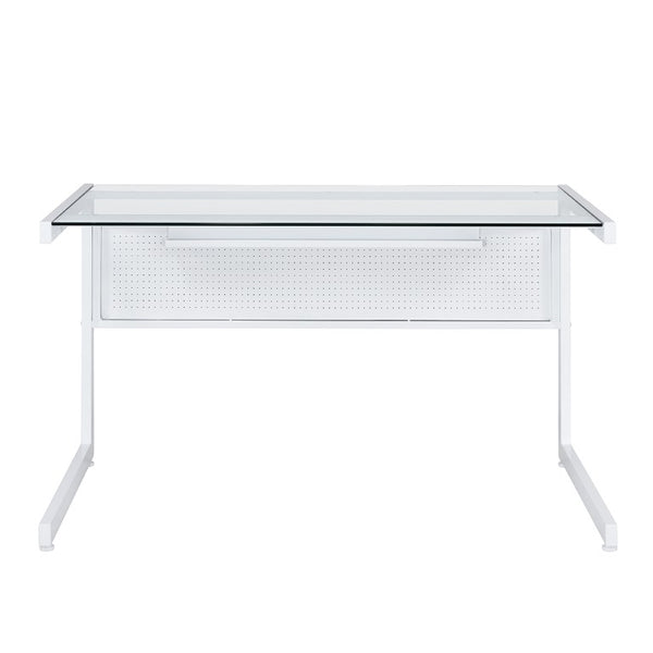 EuroStyle Caesar Glass Top Office Desk with Steel Frame Wire Management and Adjustable Feet White 27540-WHT