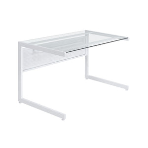 EuroStyle Caesar Glass Top Office Desk with Steel Frame Wire Management and Adjustable Feet White 27540-WHT