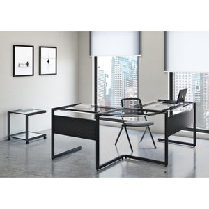 EuroStyle Caesar Glass Top Computer Desk with Steel Frame Wire Management and Modesty Panel Black 27556-BLK