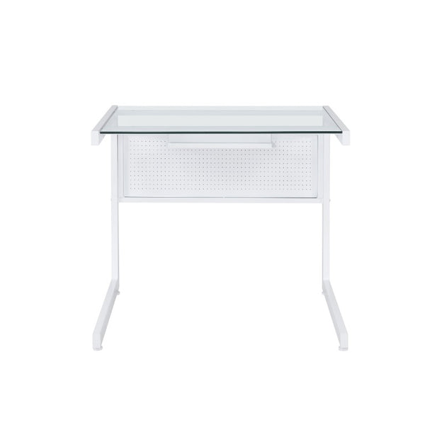 EuroStyle Caesar Glass Top Computer Desk with Steel Frame Wire Management and Modesty Panel White 27556-WHT