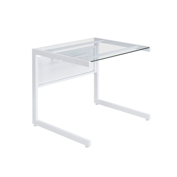 EuroStyle Caesar Glass Top Computer Desk with Steel Frame Wire Management and Modesty Panel White 27556-WHT