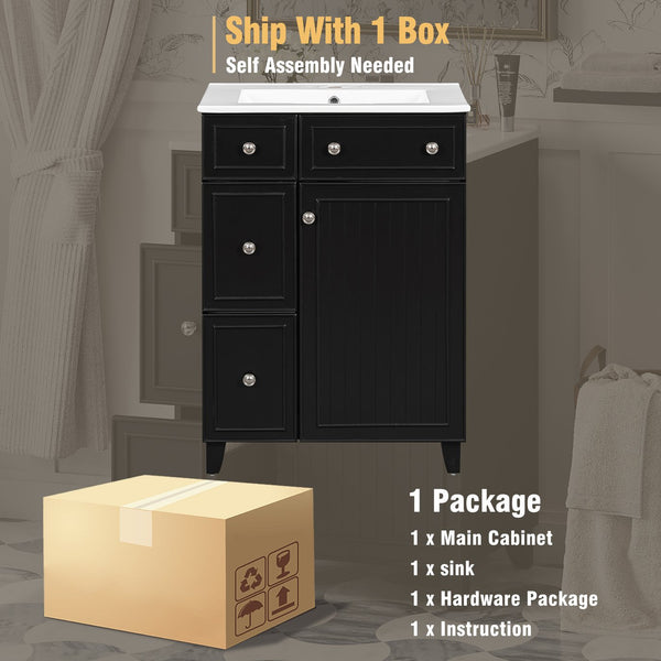 English Elm 24-Inch Bathroom Vanity Cabinet with Ceramic Sink, Space-Saving Storage, Solid Wood Feet, Durable Finish Black WF532034AAB