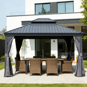 English Elm 13x15ft Hardtop Gazebo Galvanized Steel Double Roof Ventilated Patio Shelter with Netting Gray W1859S00205
