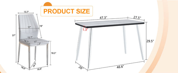 English Elm Table and Chair Set Marble Glass Top with Gray Pu Seating for Modern Dining W1151S04647