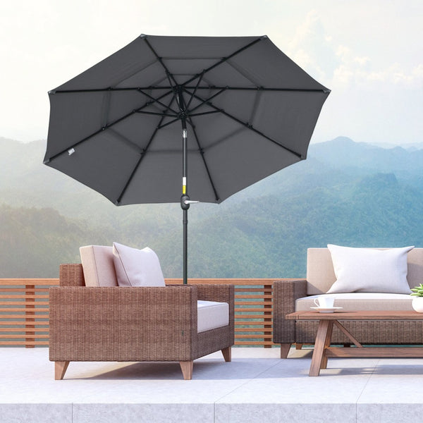 English Elm Outsunny 9Ft 3-Tier Patio Umbrella - Adjustable Crank & Tilt For Perfect Shade On Decks & Patios W2225P200445-GIGA