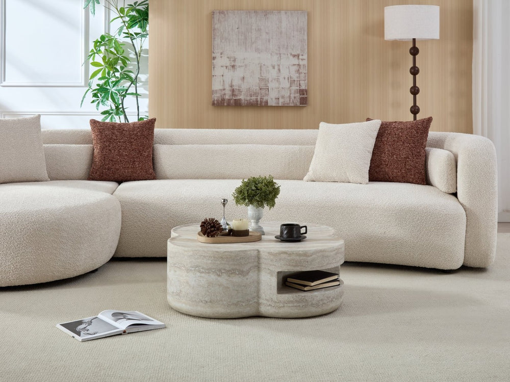English Elm 31.5" Clover Round Faux Marble Coffee Table with Open Shelf for Modern Living W2664P462015