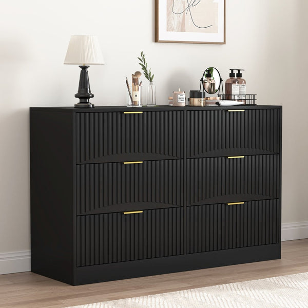 English Elm Modern Six Drawer Chest with Wavy Textured Fronts Sleek Matte Storage for Any Room Black W409P307525