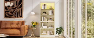 English Elm 83" 5-Tier Bookcase Suite with LED Light Strip, Adjustable Shelves, Cable Management & Solid Wood Frame Beige+yellow N751S246920A