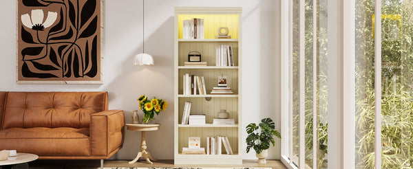 English Elm 83" 5-Tier Bookcase Suite with LED Light Strip, Adjustable Shelves, Cable Management & Solid Wood Frame Beige+yellow N751S246920A