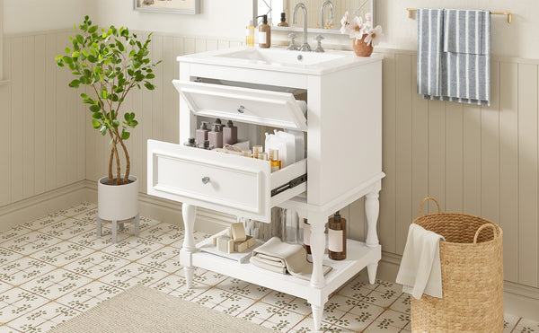 English Elm 24'' Retro Bathroom Vanity Mdf Cabinet with Ceramic Sink Open Shelf and 2 Drawers White N710P405414K