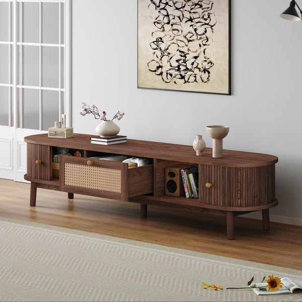 English Elm Modern TV Stand for 75" TVs with Rattan-Front Drawer, Solid Wood Legs, Sliding Doors & Spacious Storage N710P257609P