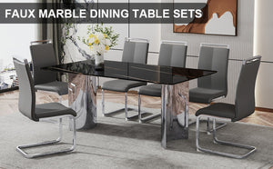 English Elm Table & 6 Dark Gray Pu Chairs Set - Modern Glass Top With Marble Pattern & Stainless Steel Legs W1151S02610-GIGA