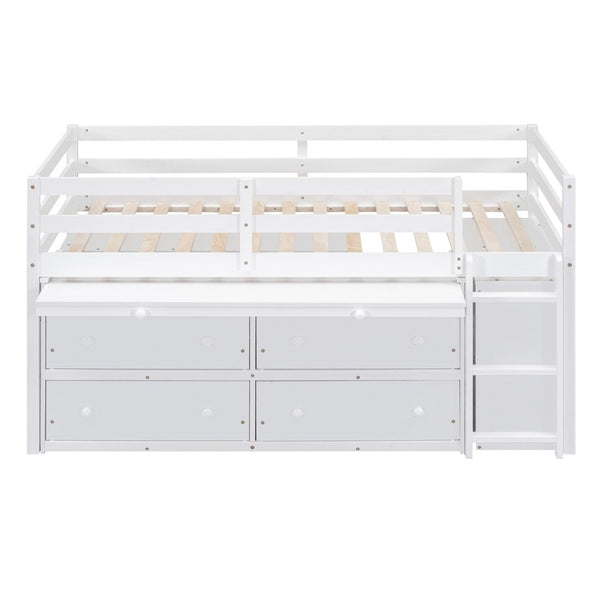 English Elm Twin Loft Bed Pinewood Frame Four Drawers Retractable Study Desk Kids Bedroom White LT000368AAK