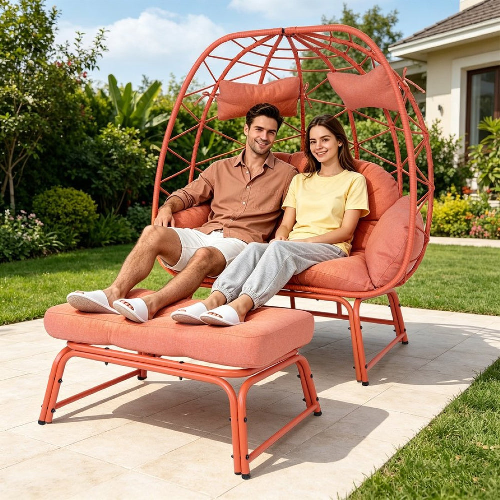 English Elm Double Wicker Egg Chair with Ottoman Bohemian Pe Rattan Outdoor Lounge Patio Set T5880P501487