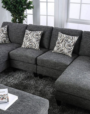 English Elm Gray Chenille 5pc Sectional Sofa Set with Chaise Ottoman & Patterned Pillows, Plush High-Density Comfort, Tapered Legs B2741S00063