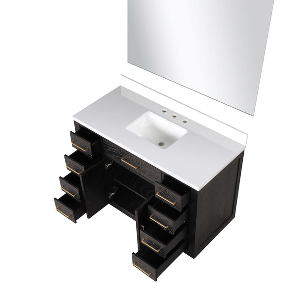English Elm Black Oak Single Bath Vanity Set With White Quartz Top & Frameless Mirror For Modern Bathrooms B2731S02118