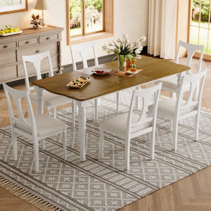 English Elm 7-piece Oak Veneer Extendable Dining Set with 6 Upholstered Chairs for Farmhouse Kitchens Natural+White N752S100030K