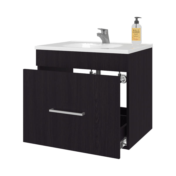 English Elm Story Floating Bathroom Vanity Set with Sink One Drawer - Space-Saving Wall-Mounted Modern Design, Scratch-Resistant Finish Wenge 28 L x 23 W x 12 H B128P314807
