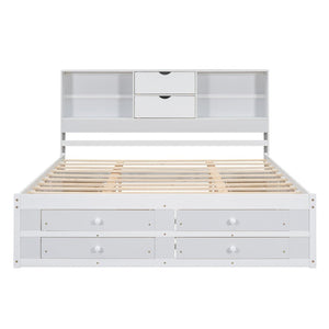 English Elm King Platform Bed with 8 Drawers Open Headboard Compartments and Pine Wood Frame White GX000454AAK-1