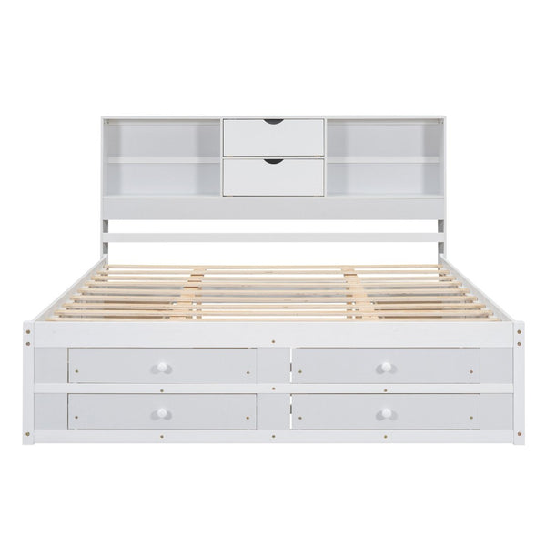English Elm King Platform Bed with 8 Drawers Open Headboard Compartments and Pine Wood Frame White GX000454AAK-1