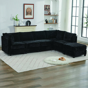 English Elm Corduroy Plush U-Shaped Sectional Sofa with Storage Ottoman, Pet-Friendly Durable Modular Comfort Black W2915S00063