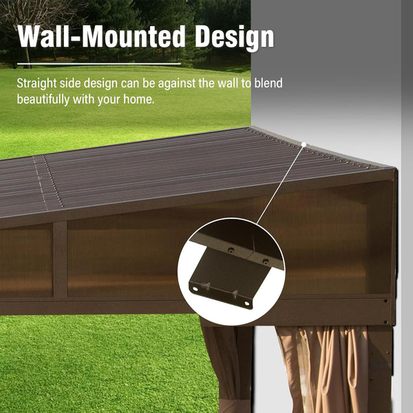 English Elm 10x14FT Lean to Gazebo with Metal Roof, Hidden Gutter System, Curtains & Netting, Heavy-Duty Steel Exterior W1859S00130