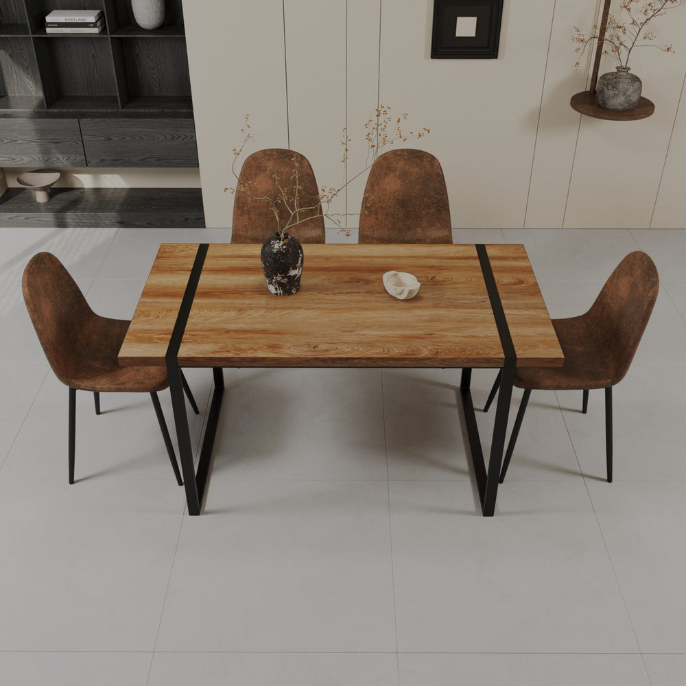 English Elm 59" Natural Wood Dining Table Set With 3 Modern Suede Chairs - Industrial Farmhouse Style, Durable Design W2189S00625