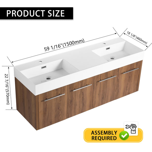 English Elm 60 Inch Wall-Mounted Bathroom Vanity With Double Resin Sink, Modern Design & Ample Storage Space W999S00250