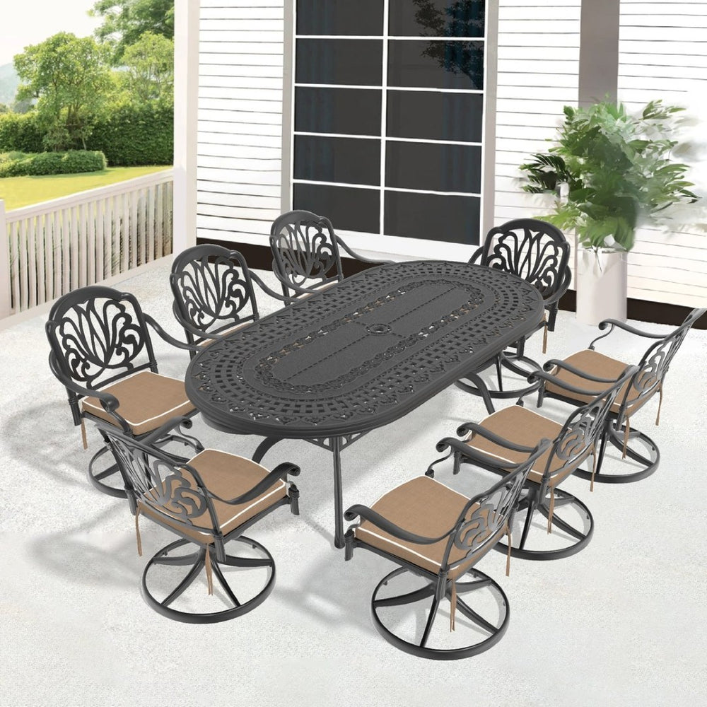 English Elm 9-piece Cast Aluminum Outdoor Dining Set Oval Table Swivel Chairs Carved Floral W1710S00660