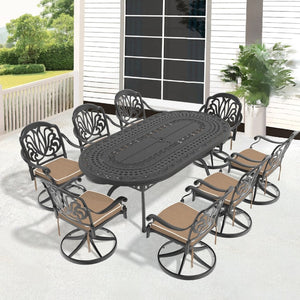 English Elm 9-piece Cast Aluminum Outdoor Dining Set Oval Table Swivel Chairs Carved Floral W1710S00660