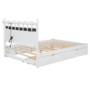 English Elm Queen Size Wooden Storage Platform Bed With Trundle, Usb Ports, And Spacious Drawers In White N820S00038K-GIGA