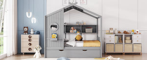 English Elm Wooden Full Size House Bed with Trundle and Built-In Shelves — Modern Pine Frame, Whimsical Roof Design Gray 57.2 L x 16.25 W x 5.9 H N733S316125E