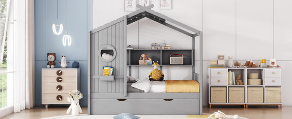 English Elm Wooden Full Size House Bed with Trundle and Built-In Shelves — Modern Pine Frame, Whimsical Roof Design Gray 57.2 L x 16.25 W x 5.9 H N733S316125E