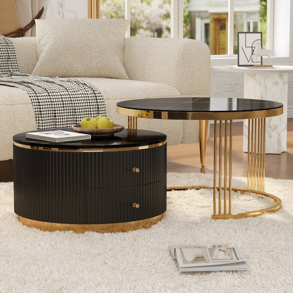 English Elm Modern Round Nesting Coffee Table Set with Gold Pedestal Legs and Storage Drawers Black N735P349323B