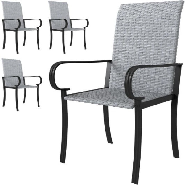 English Elm Set of 4 Pe Rattan High Back Arm Dining Chairs Powder Coated Steel Outdoor Use T3971P429453