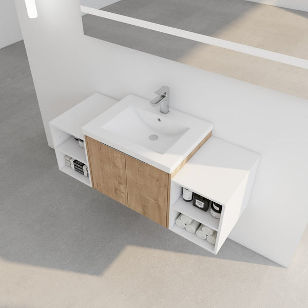 English Elm 48 Inch Wall Mounted Bathroom Vanity with Resin Sink, Soft-Close Doors, Metal Handles, Storage—Durable Eco Plywood Imitative Oak W999S00184