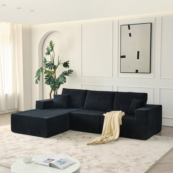 English Elm 110" Cloud Modular Sectional Sofa Boneless Corduroy 3-Seater with Ottoman & 2 Pillows, No Assembly, Luxurious Comfort Black W2656S00006