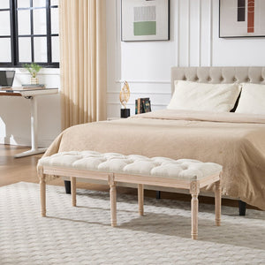 English Elm Bedroom Bench Linen Tufted Seat with Hand Carved Rubberwood Legs French Country Style W3244P500175