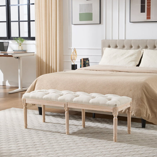 English Elm Bedroom Bench Linen Tufted Seat with Hand Carved Rubberwood Legs French Country Style W3244P500175
