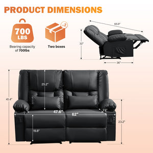 English Elm Recliner Loveseat with Massage Heat Pu Leather Dual Seating and Usb Charging Ports Black W1521S00082