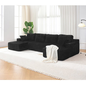 English Elm U-shaped Corduroy Cloud Sectional Sofa with Pocket Springs and Modular Living Room Seating Black W3366S00001