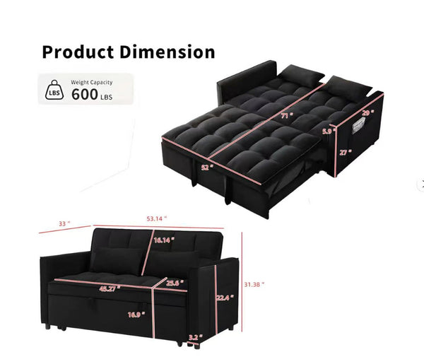 English Elm 55.1-inch Convertible Velvet Futon Sofa Bed with Storage and Adjustable Iron Frame W2564P445796