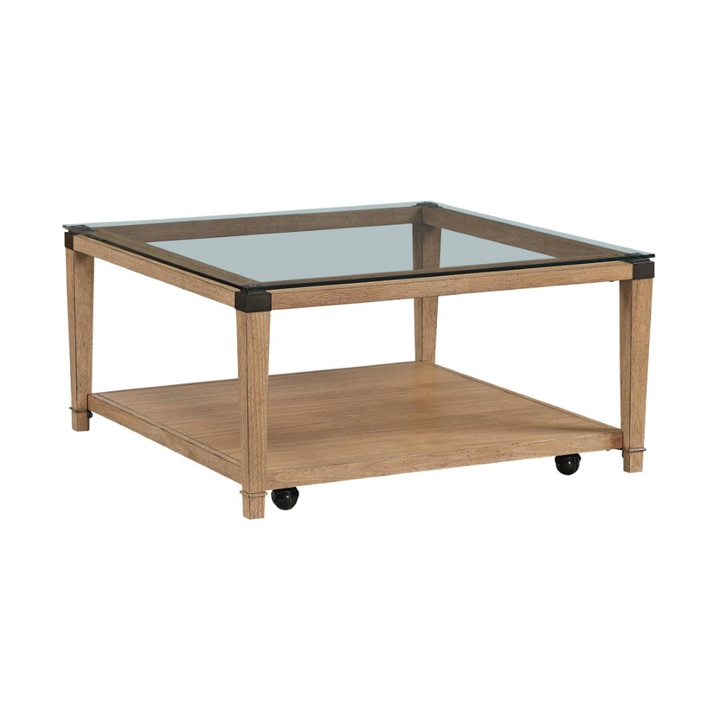 English Elm Modern Square Glass Top Coffee Table with Brown Wood Base Casters and Open Shelf B011P459334