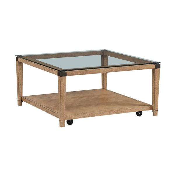 English Elm Modern Square Glass Top Coffee Table with Brown Wood Base Casters and Open Shelf B011P459334