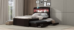 English Elm Twin XL Platform Bed with LED Headboard, Built-In Charging Station, Trundle & 2 Drawers for Space-Saving Bedrooms Dark Brown GX001829AAP