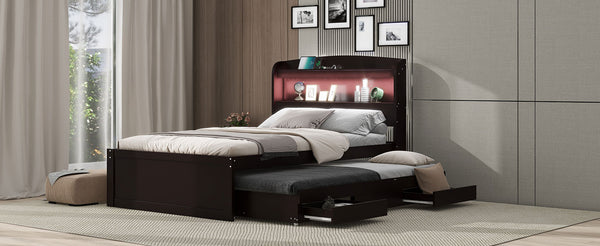 English Elm Twin XL Platform Bed with LED Headboard, Built-In Charging Station, Trundle & 2 Drawers for Space-Saving Bedrooms Dark Brown GX001829AAP