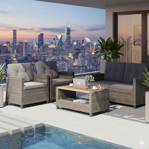 English Elm 4-piece Wicker Outdoor Conversation Set with Acacia Wood Table and Foam Cushions Grey+Brown B082S00062